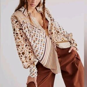 Free People Mixed Floral and Stripe Button-Down Shirt in Cream and Brown